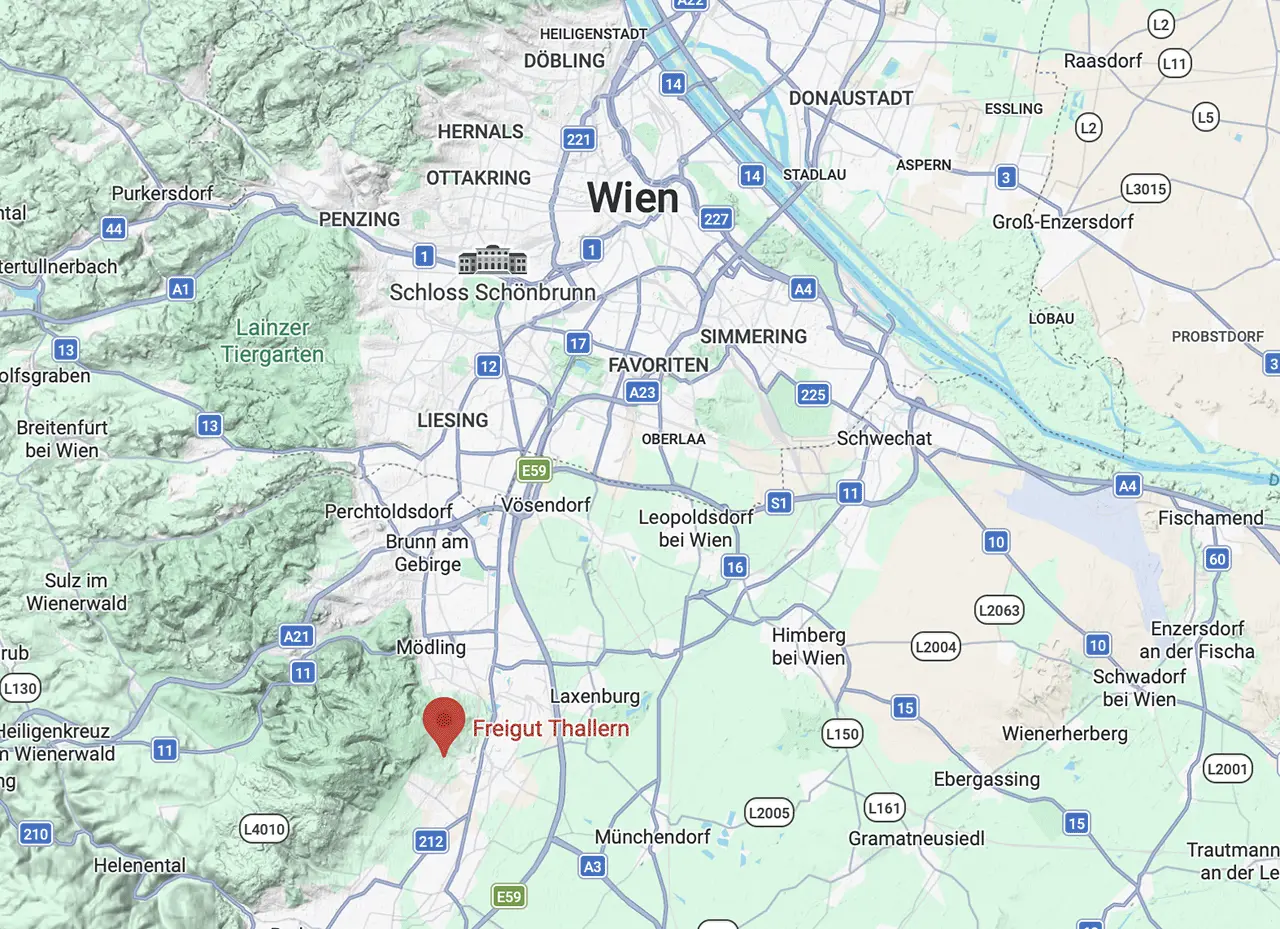 Übersichtskarte der Region Wien mit roter Markierung des Veranstaltungsortes Freigut Thallern in Gumpoldskirchen.