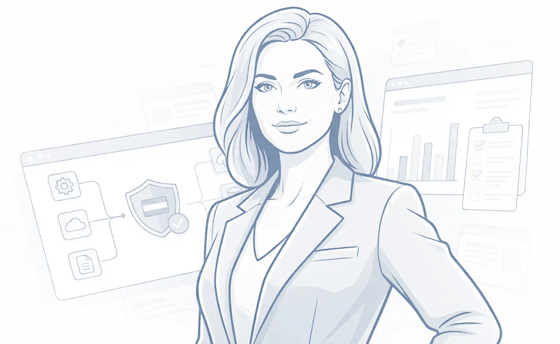 Illustration einer IT-Expertin vor digitalen Dashboards mit Cloud- und Cybersicherheits-Symbolen als Sinnbild für die Umsetzung der NIS2-Richtlinie in österreichischen Unternehmen.